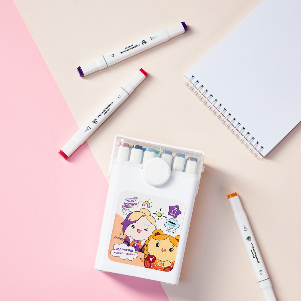 BY Русские Супергерои Набор маркеров худ., 2-стор., круг.након./кисточка, 24 цв., "Кавай", пл.бокс, арт.№ 613-095