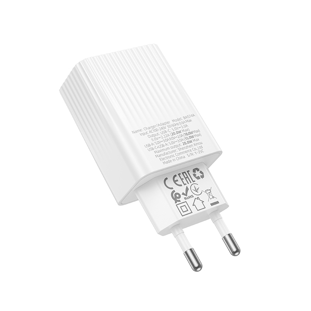 Сетевое зарядное устройство BOROFONE модель BAS74A, 1xUSB-C PD, 1xUSB-A QC 20W, цвет: белый, арт.№ 916-306