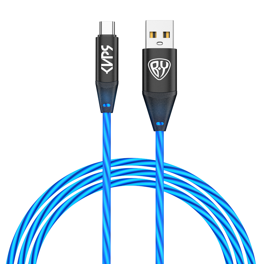 BY Киря Кабель для зарядки Светящийся Type-C, 1м, Быстрая зарядка 3А, QC, PD 36W, синяя подсветка, арт.№ 931-525