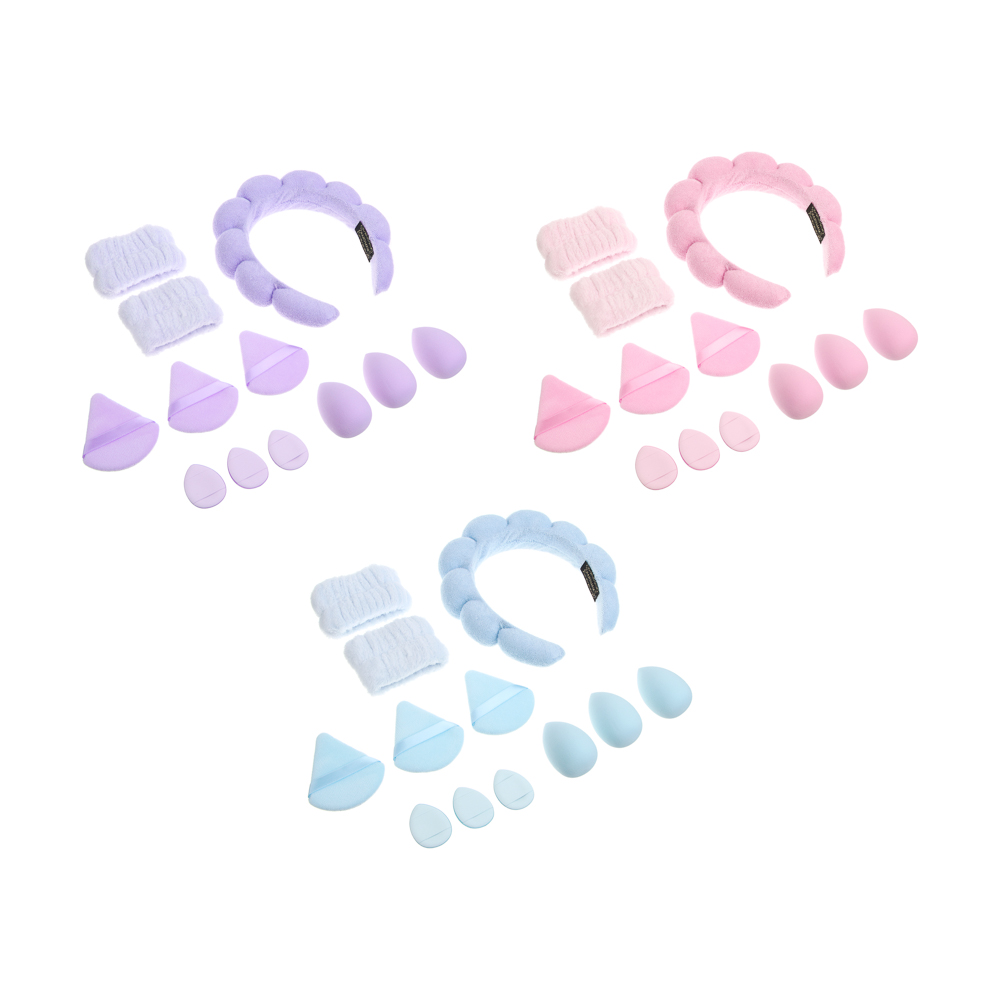 Набор 12шт тм ЮНИLOOK (ободок 1шт, напульсники 2шт, пуховка 3шт, д тона 3шт, блендер 3шт), 3цвета, арт.№ 357-389