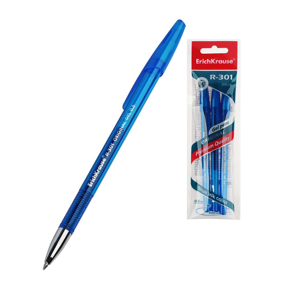 Erich Krause Набор ручек гелевых синих "R-301 Джел Стик Ориджинал" 0,5мм, 3шт, 42723, арт.№ 627-157