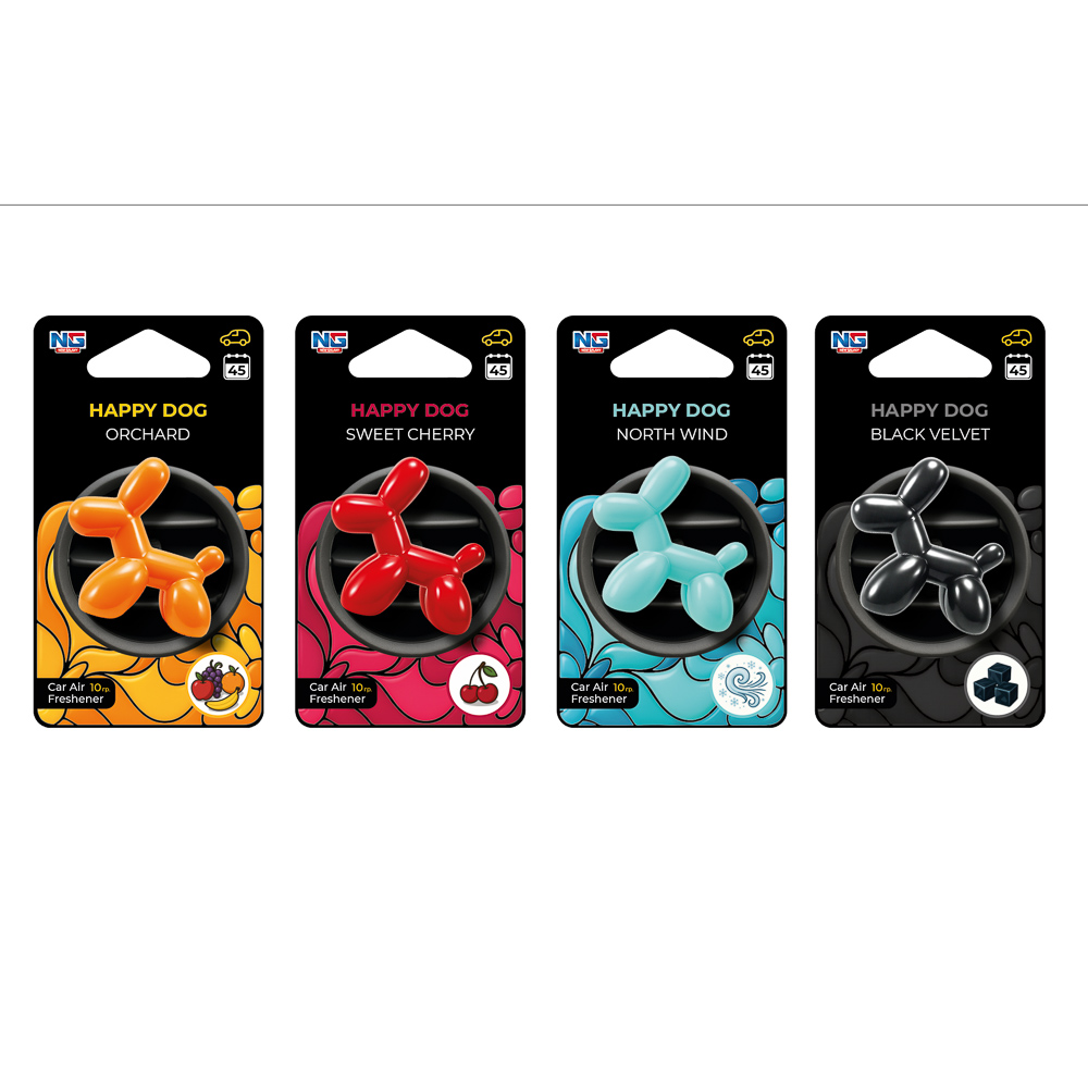 NEW GALAXY Ароматизатор на дефлектор 10гр.,Happy Dog фрукт. сад,сладк.вишня,черн. бархат,север.ветер, арт.№ 794-703