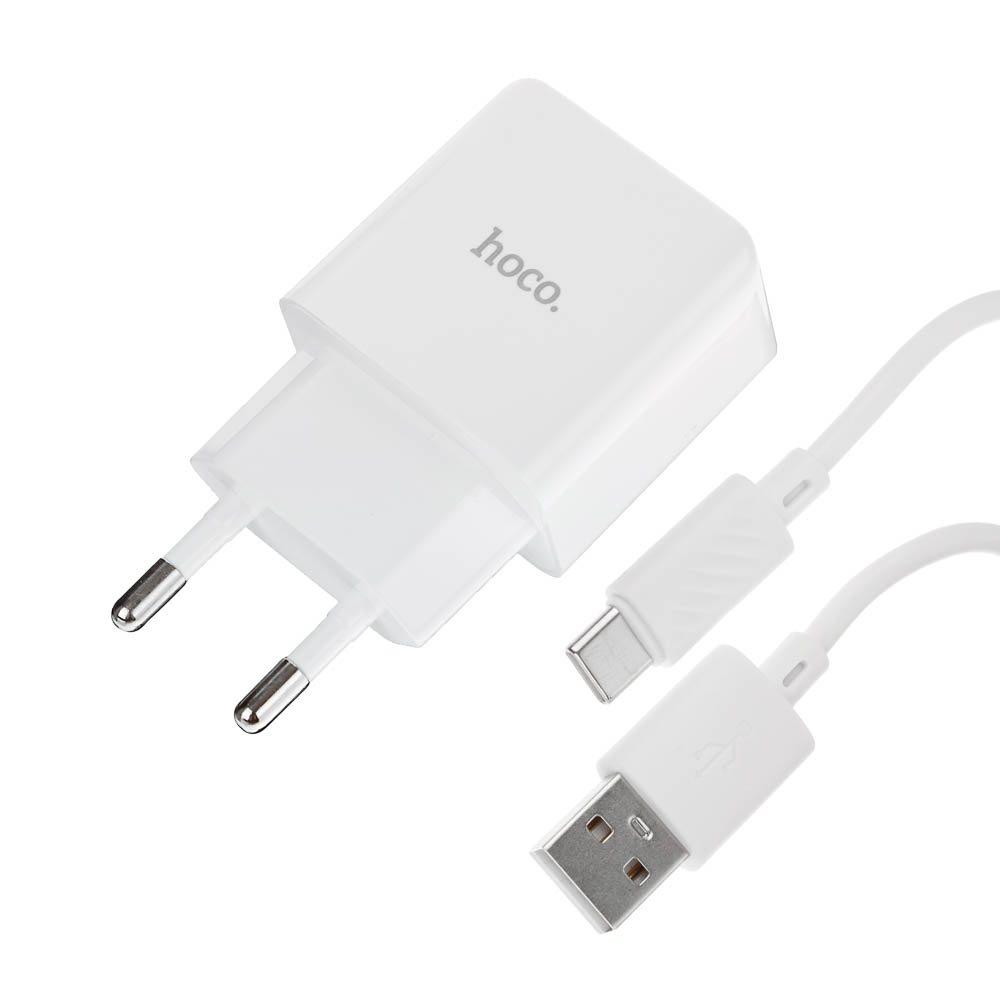 Сетевое зарядное устройство с кабелем hoco. модель C106A, USB-A 10.5Вт, каб Type-C 1м, цвет: белый, арт.№ 916-317