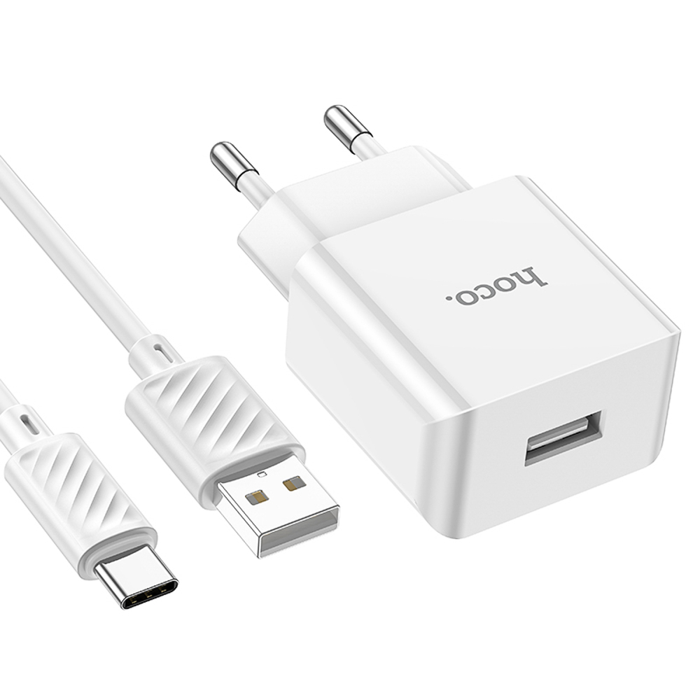 Сетевое зарядное устройство с кабелем hoco. модель C106A, USB-A 10.5Вт, каб Type-C 1м, цвет: белый, арт.№ 916-317