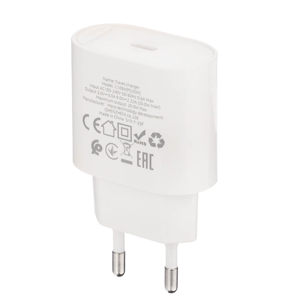 Сетевое зарядное устройство с кабелем hoco. модель C109A, USB-С 20Вт PD, каб C-C 1м, белый, арт.№ 916-318