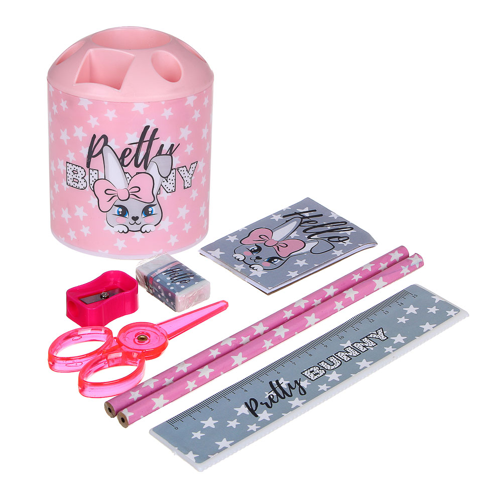 ЗАЙЧИК Набор канц. в стакане, 8 предметов : линейка,2 карандаша,точилка, ластик, ножницы, блокнот, арт.№ 234-033