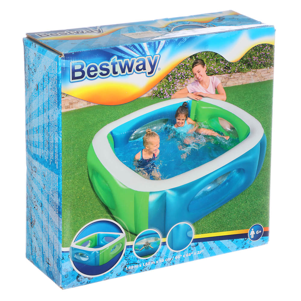 BESTWAY Бассейн надувной с окошками, PVC, 168х168х56см, 51132, арт.№ 013-031