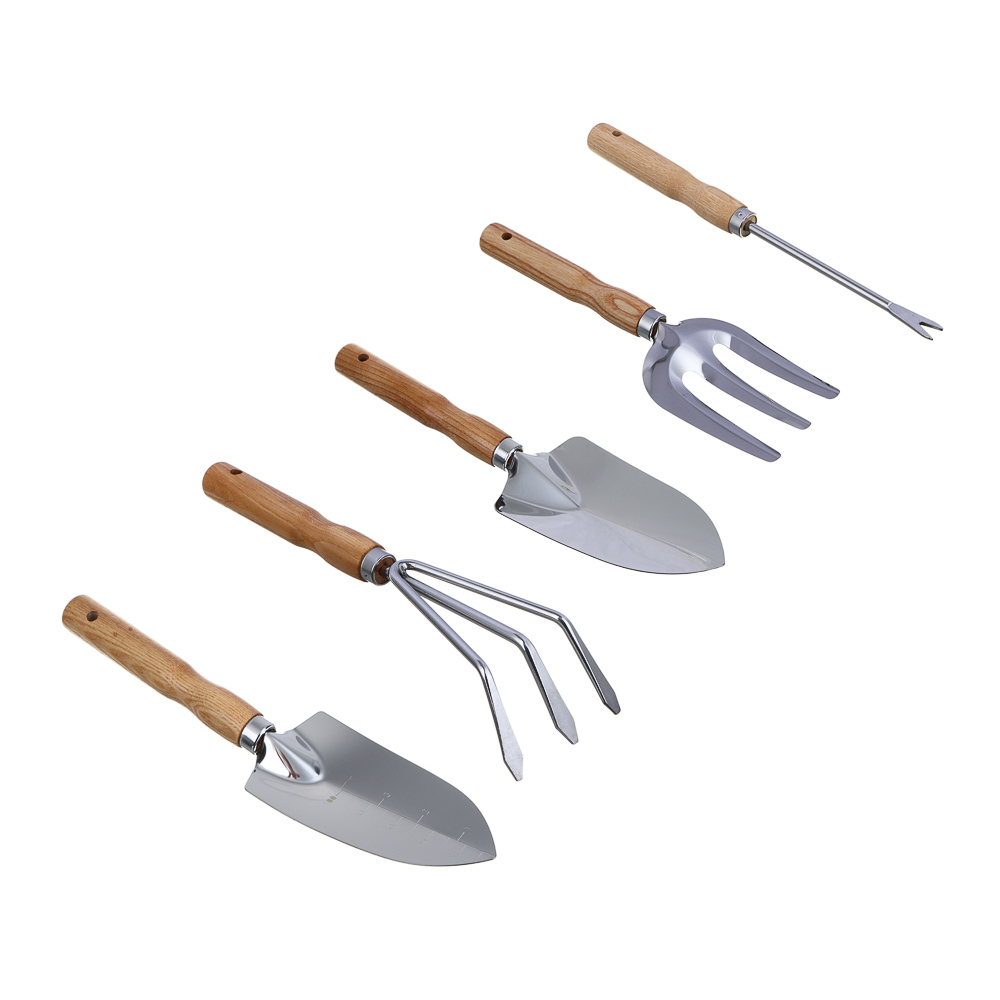 INBLOOM Набор садового инструмента (лопатка 2 шт., рыхлитель, вилка, корнеудалитель), нержавеющая сталь, ясень, арт.№ 181-103
