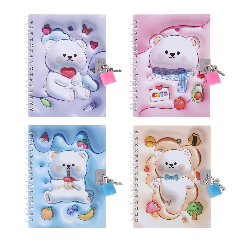 Записная книжка с замком, на спирали, 11x15см, 48 л., 4 дизайна, Кавайи, арт.№ 574-069