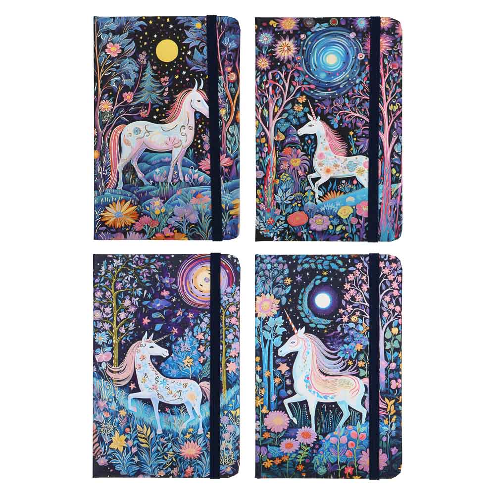 Записная книжка на резинке, А6, 9х14см, 80 л., цветной срез, закладка-лента, Единороги, 4 дизайна, арт.№ 574-070