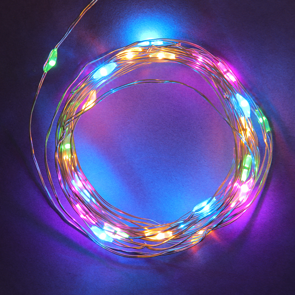 Гирлянда нить росы 1 м СНОУ БУМ, 10 LED ламп, постоянное свечение мульти, проволока серебряный цвет, 2xCR2032, арт.№ 384-331