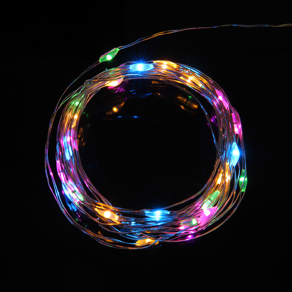 Гирлянда нить росы 1 м СНОУ БУМ, 10 LED ламп, постоянное свечение мульти, проволока серебряный цвет, 2xCR2032, арт.№ 384-331