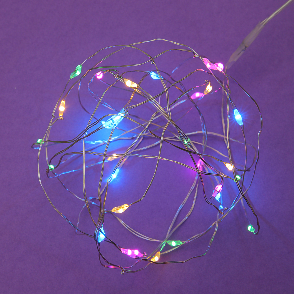 Гирлянда нить росы 1 м СНОУ БУМ, 10 LED ламп, постоянное свечение мульти, проволока серебряный цвет, 2xCR2032, арт.№ 384-331