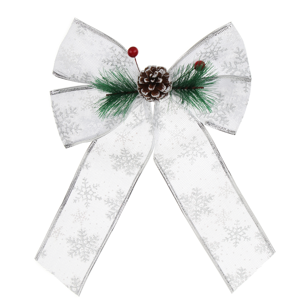 СНОУ БУМ Бант декоративный, 20x30 см, с декором, цвет серебро с белым, полиэстер, арт.№ 374-560