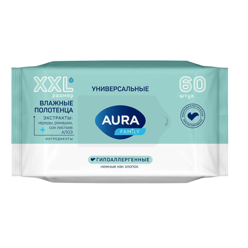 Влажные полотенца универсальные AURA Family, 60шт, арт.№ 915-007