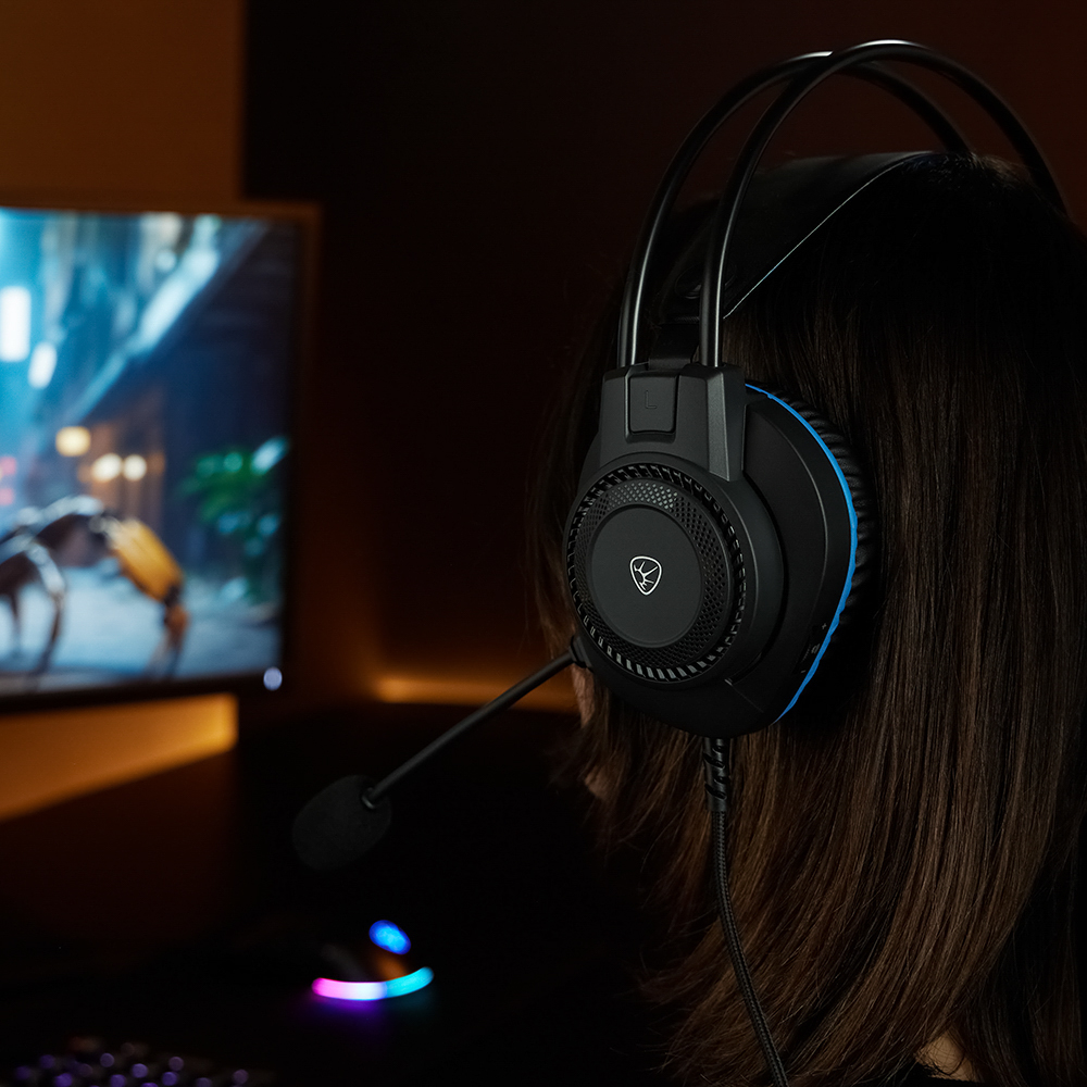 Наушники проводные с микрофоном игровые BY Сabasset 3.5мм 4pin-SPK+MIC 3,2 м, синие, арт.№ 410-081