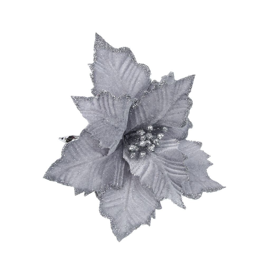 СНОУ БУМ Цветок Пуансеттия на клипсе 25 см, металл, полиэстер, глиттер, серебро, арт.№ 348-106