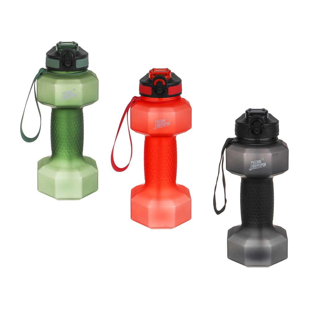 Бутылка спортивная в форме гантели, тм BY Русские Супергерои, 1000мл, 27х10см, пластик PETG, 3 цвета, арт.№ 088-150