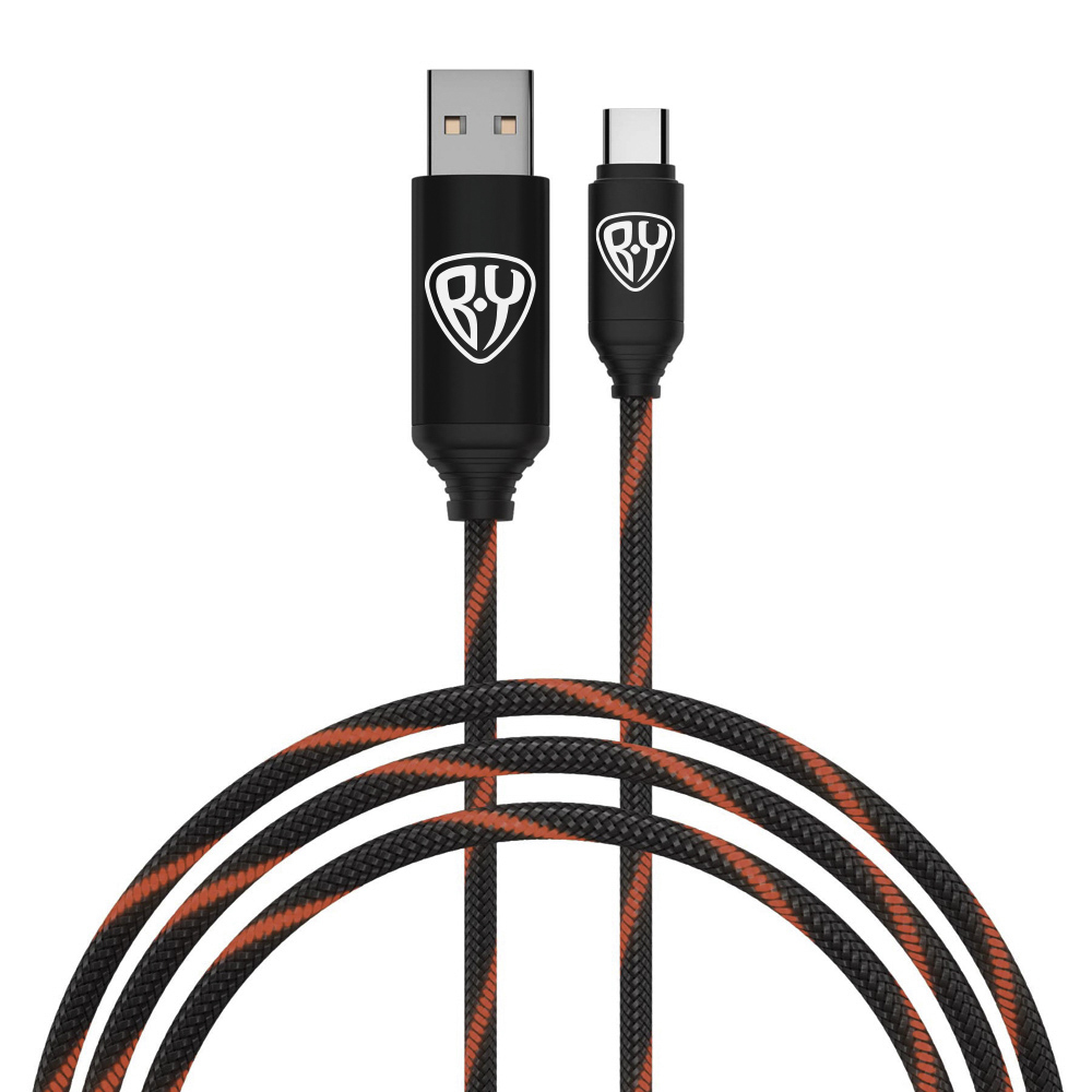 КИРЯ Кабель для зарядки Армированный Type-C, 1м, 3А, Быстрая  зарядка QC3.0, LED подсветка красная, арт.№ 931-400