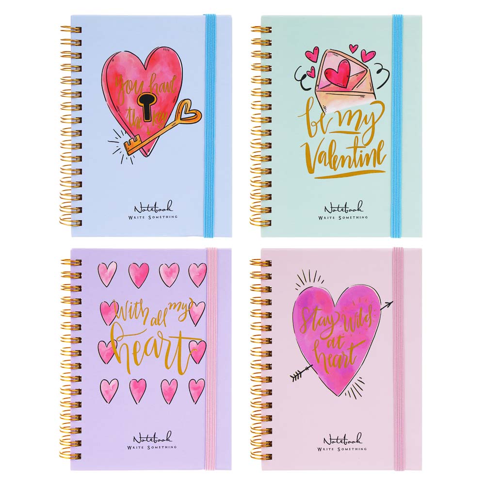 Записная книжка на спирали, на резинке, 10,5x15см, А6, 96 л., 4 дизайна, Сердца, арт.№ 574-072