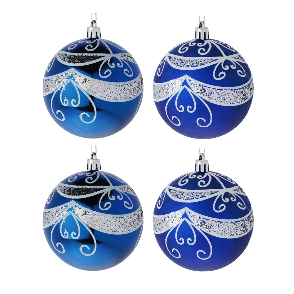 СНОУ БУМ Набор шаров 8 см, 4 шт, синий, пластик, глиттер, 26-140, арт.№ 373-570