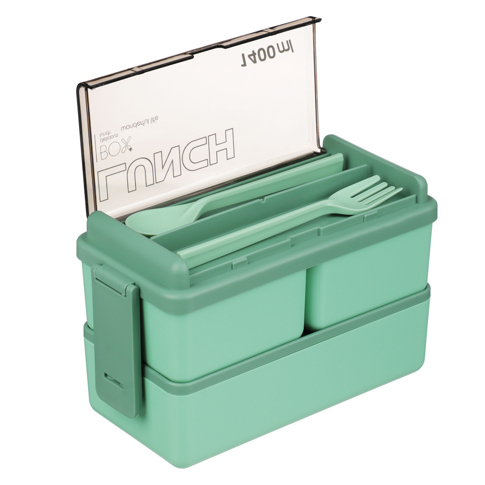 Ланч-бокс, 1400мл, со столовыми приборами (ложка вилка) PP/PS/TPR, арт.№ 841-888