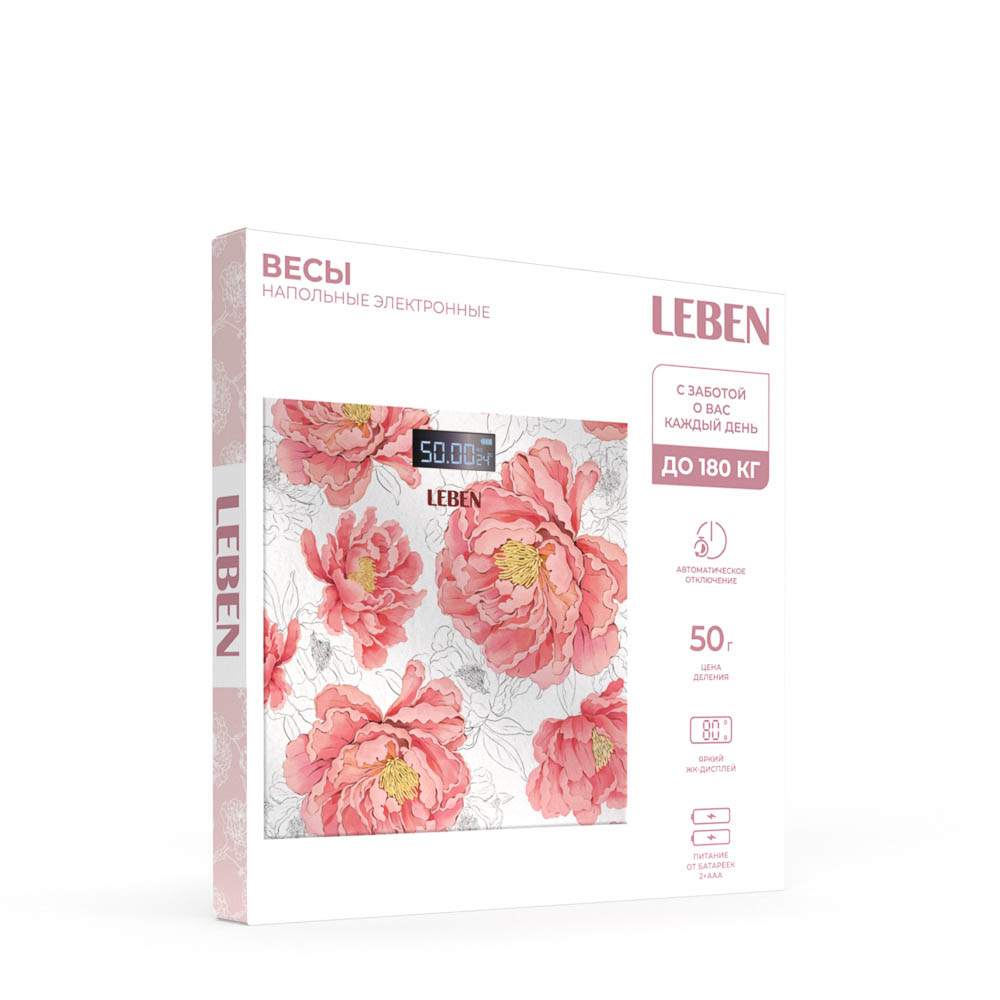 Весы напольные электронные серия "Пионы" тм LEBEN, ЖК-дисплей, макс. нагр.до 180кг, 2 дизайна, арт.№ 252-105