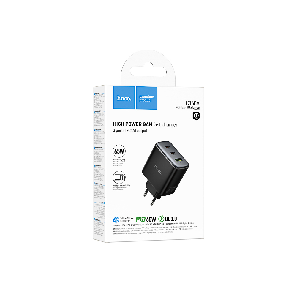 Сетевое зарядное устройство hoco. модель C160A, PD 65Вт, 2xType-C + USB-A, EU вилка, белый, арт.№ 916-342