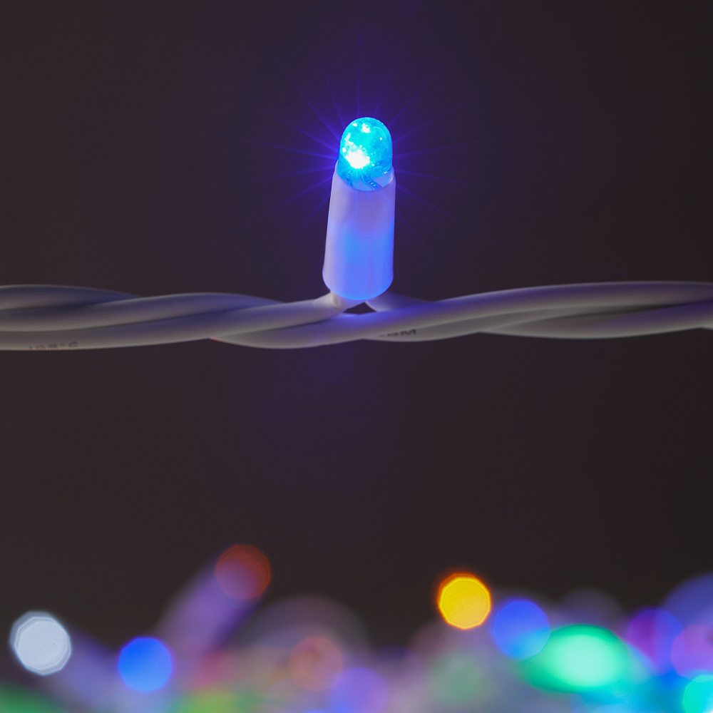 Гирлянда уличная вьюн 10 м BY, 100 LED ламп, свечение мульти, ПВХ белый, мерцание, коннектор, 220В, IP65, арт.№ 351-771