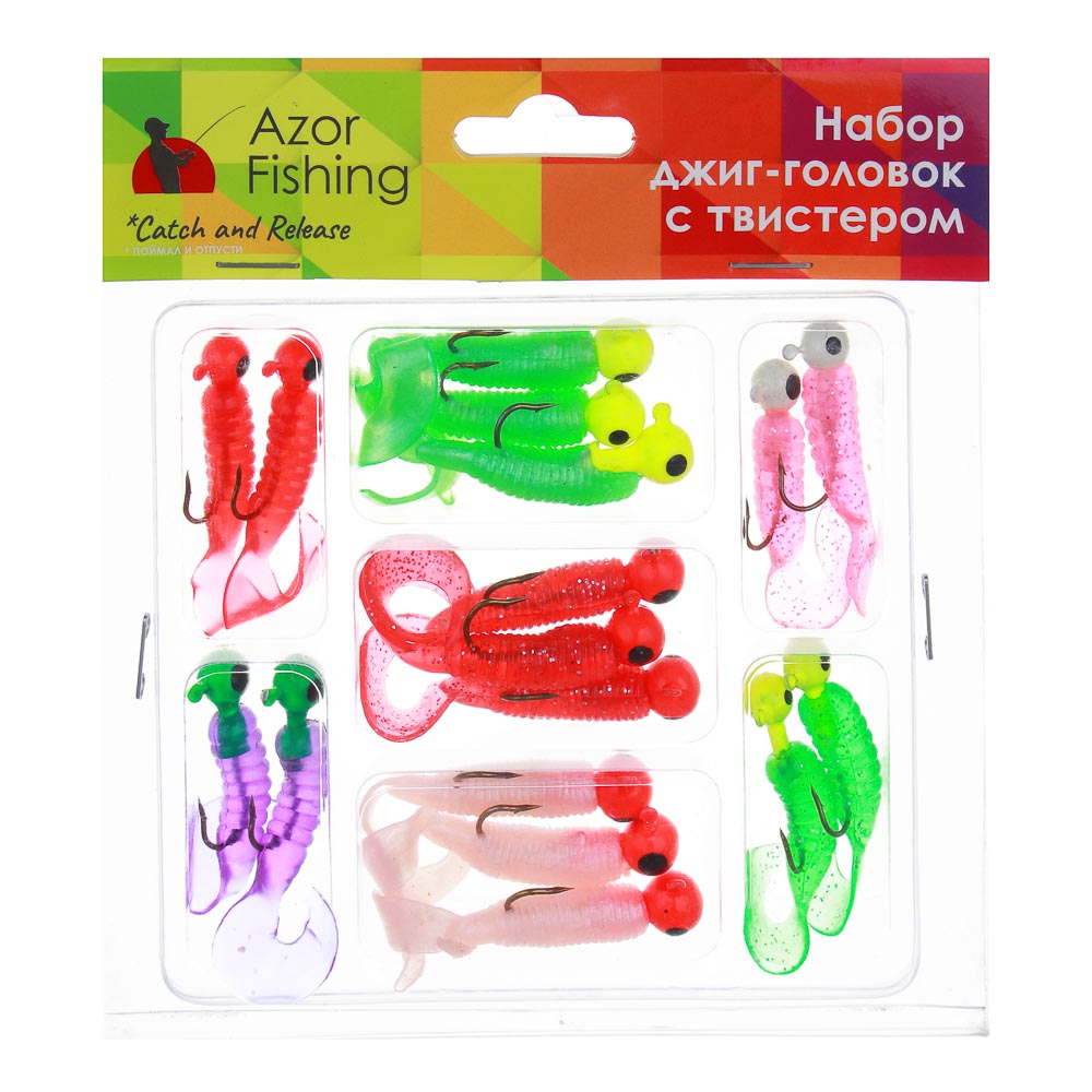 AZOR FISHING Набор джиг головок с твистером 17шт в блистере, разноцветные, арт.№ 141-024