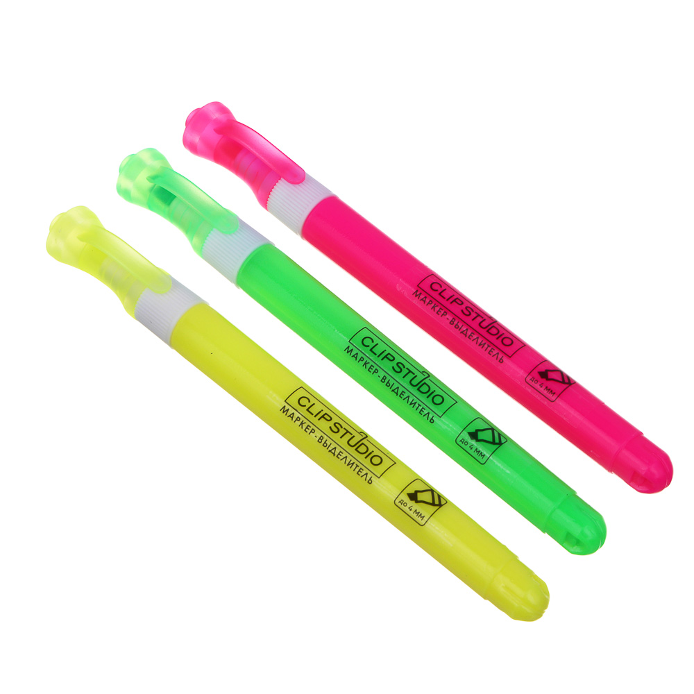 ClipStudio Набор маркеров-выделителей, 3 цвета, круглый корпус, скош. наконечник, ПВХ пенал, арт.№ 613-124