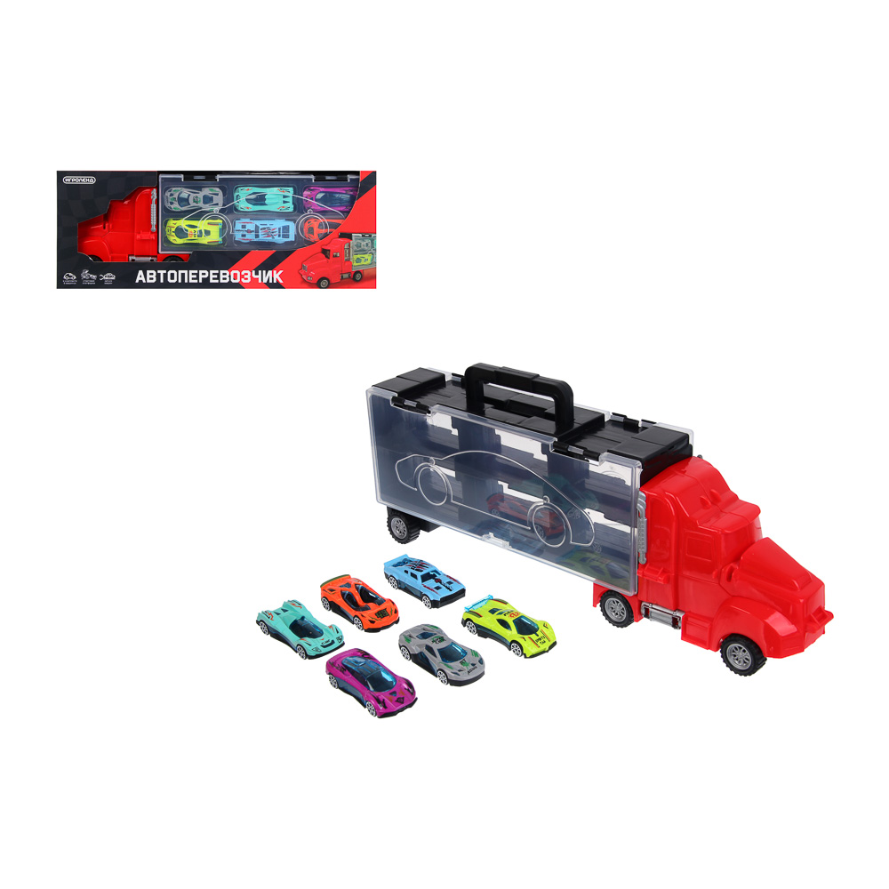 ИГРОЛЕНД Автоперевозчик, с запуском, 6 машинок, PP, 37х14,2х7,3 см, 2 дизайна, арт.№ 292-478