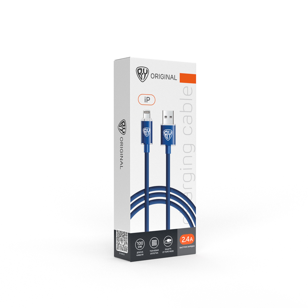Кабель для зарядки USB(A)-iP BY Wave, 1м, Быстрая зарядка 2.4А, 12Вт, тканевый, синий, арт.№ 931-549