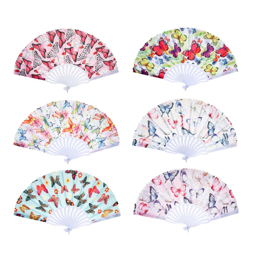 ЮНИLOOK Веер складной тканевый с рисунком бабочки, 23 см, полиэстер, пластик, 6 дизайнов, арт.№ 328-085