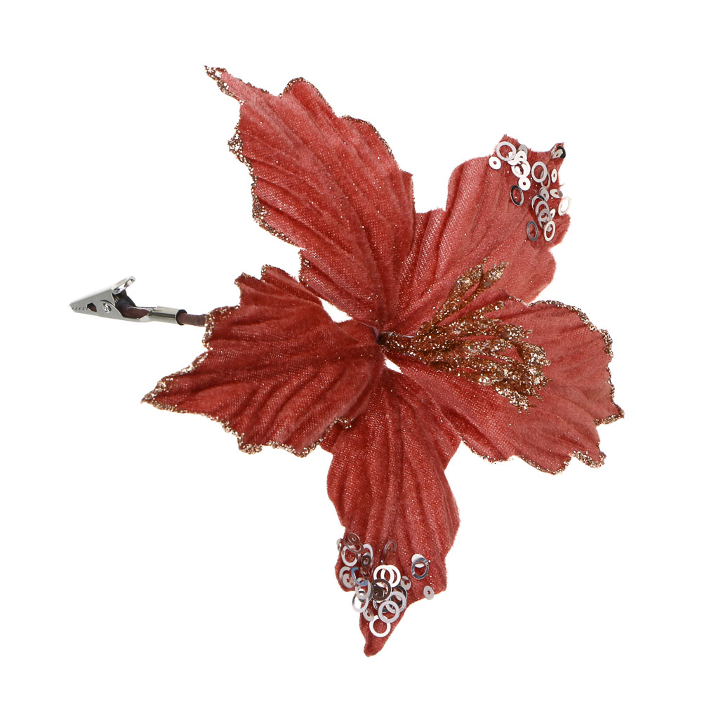 СНОУ БУМ Пуансетия 15 см на прищепке (5 лепестков), глиттер, металл, полиэстер, 26-699, арт.№ 348-051