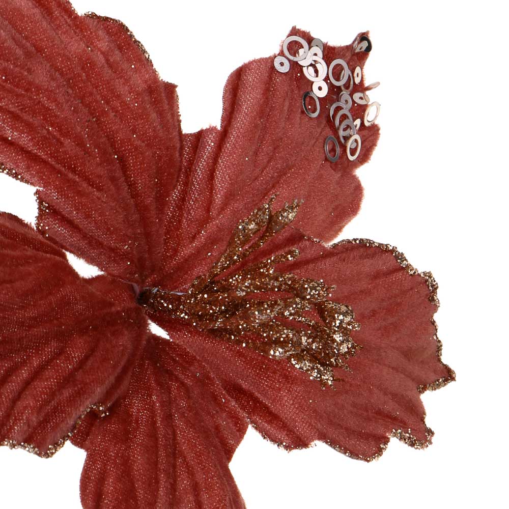 СНОУ БУМ Пуансетия 15 см на прищепке (5 лепестков), глиттер, металл, полиэстер, 26-699, арт.№ 348-051