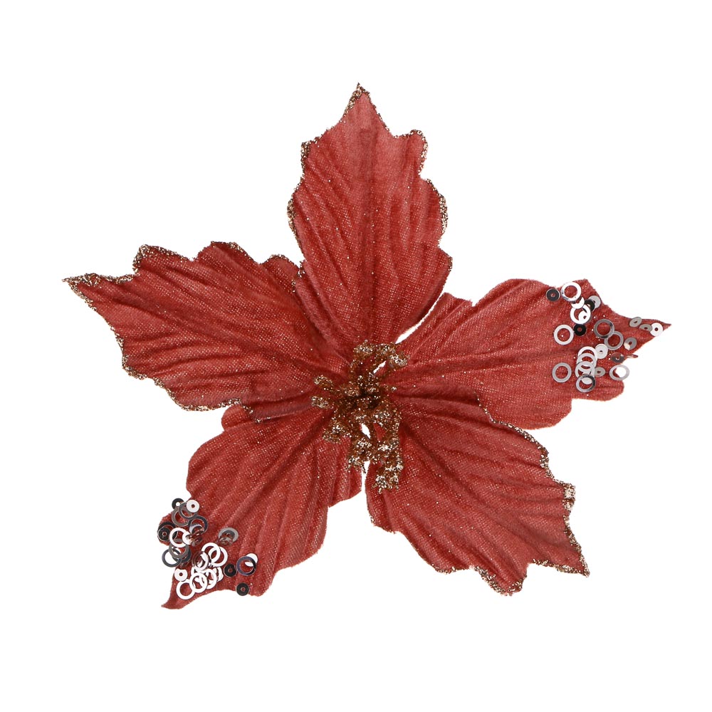 СНОУ БУМ Пуансетия 15 см на прищепке (5 лепестков), глиттер, металл, полиэстер, 26-699, арт.№ 348-051