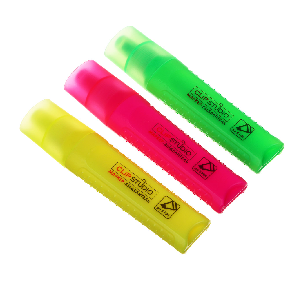 ClipStudio Набор маркеров-выделителей, 3 цвета, плоский корпус, скош. наконечник, ПВХ пенал, арт.№ 613-125