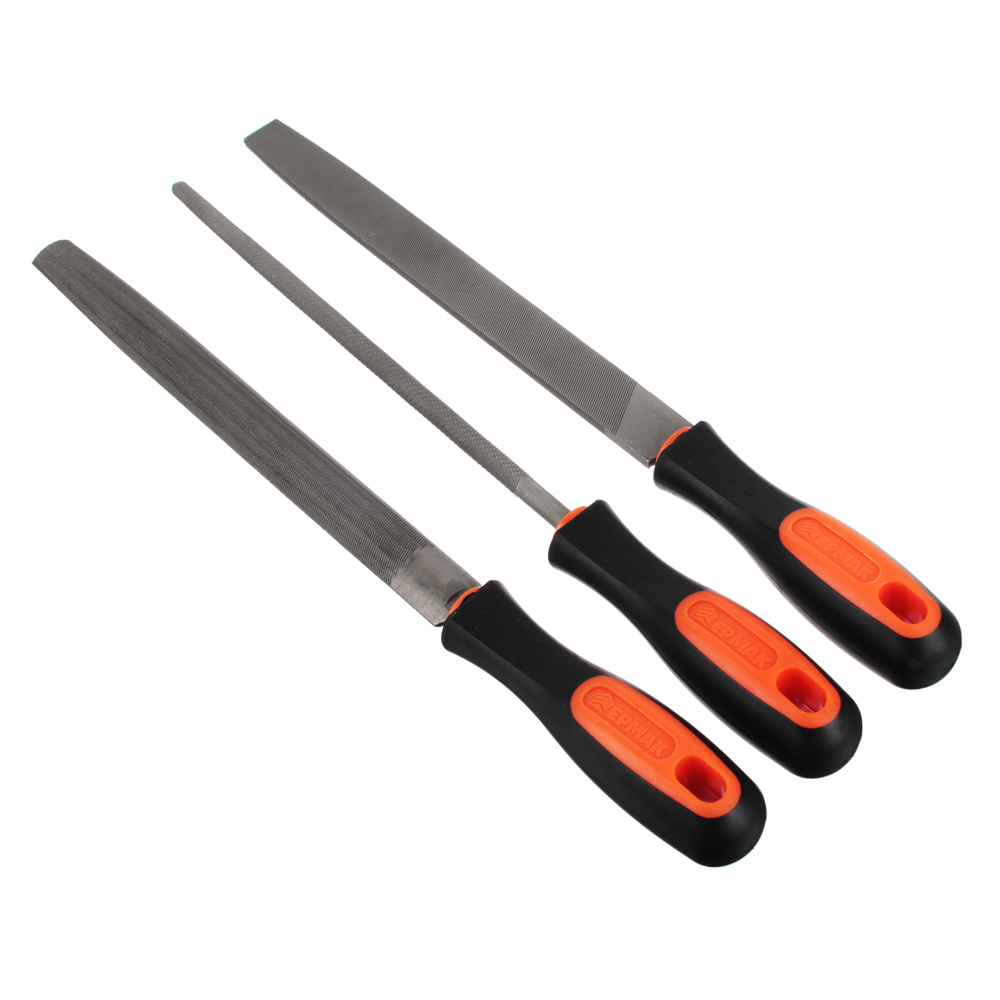 ЕРМАК Набор напильников 200мм 3шт(круглый, полукруглый, плоский),пластиковая двухкомпонентная ручка, арт.№ 645-209