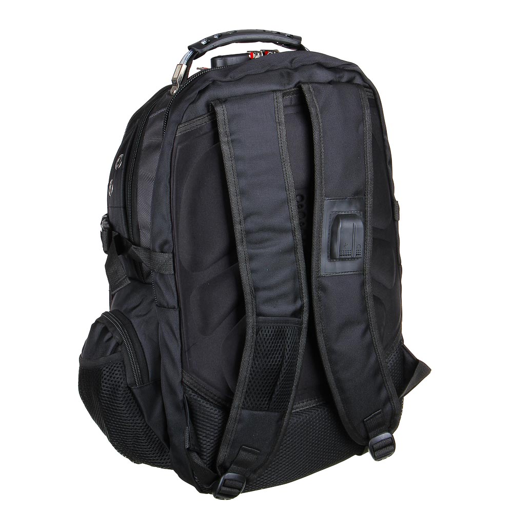 Рюкзак универсальный 50x31x21см, 2отд, 6карм., спинка из ЭВА, вых.USB/науш., код.замок,ПЭ,чер./сереб, арт.№ 254-615