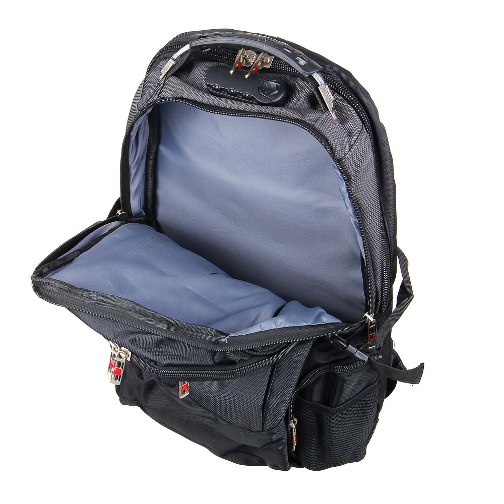 Рюкзак универсальный 50x31x21см, 2отд, 6карм., спинка из ЭВА, вых.USB/науш., код.замок,ПЭ,чер./сереб, арт.№ 254-615
