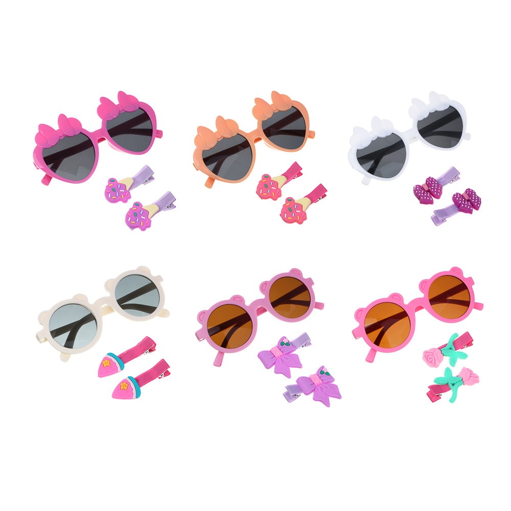 GALANTE Набор детский 3 пр. : Очки солнцезащитные 125x41мм, заколки 2 шт. 4,6 см, 6 дизайнов, арт.№ 304-508
