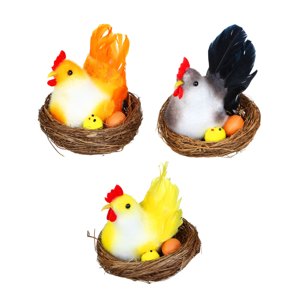 Декор Пасхальный в виде курочки в гнезде 10x10 см, полиэстер, пластик пенопласт, картон, сизаль,3 цв, арт.№ 535-021