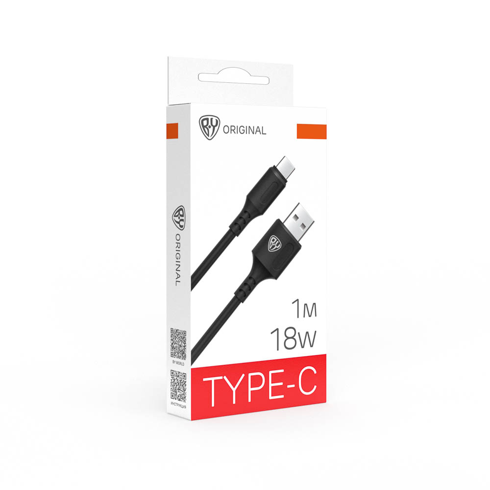 Кабель для зарядки USB(A)-Type C BY Fusion, 18Вт, 1 м, 3A, TPE, чёрный, арт.№ 931-605