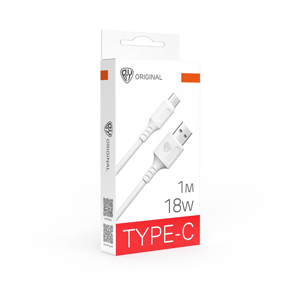 Кабель для зарядки USB(A)-Type C BY Fusion, 18Вт, 1 м, 3A, TPE, белый, арт.№ 931-606