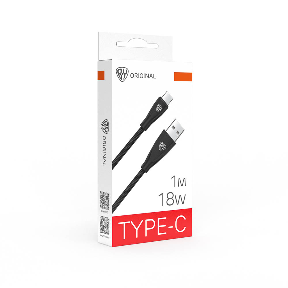 Кабель для зарядки USB(A)-Type C BY Nylon Pro, 18Вт, 1 м, 3A, нейлон, черный, арт.№ 931-607