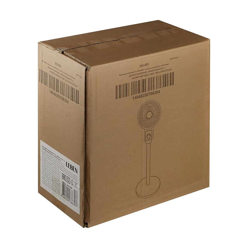 Вентилятор напольный тм LEBEN 25Вт, 3 скорости, диаметр 20см, 220в, белый, арт.№ 243-001