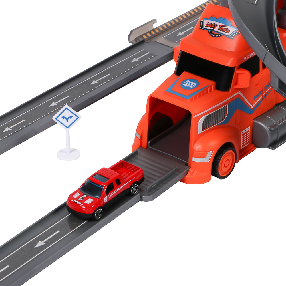 ИГРОЛЕНД Городской автовоз с треком, 5 машин, дорожные знаки, ABS, металл, 46,5х13х21 см, арт.№ 276-174