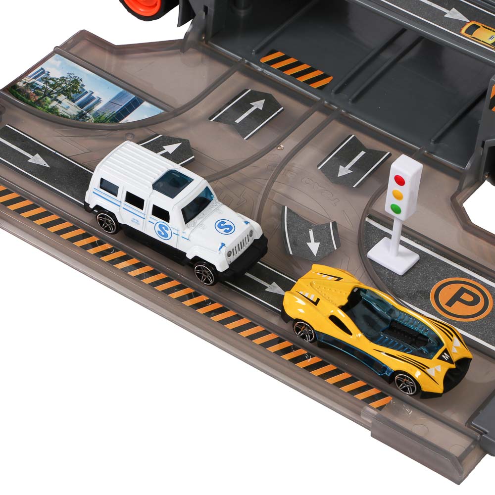 ИГРОЛЕНД Городской автовоз с треком, 5 машин, дорожные знаки, ABS, металл, 46,5х13х21 см, арт.№ 276-174