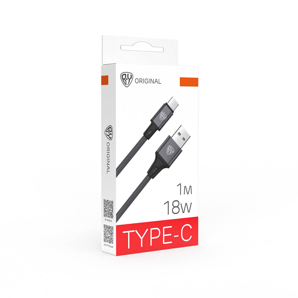 Кабель для зарядки USB(A)-Type C BY Solid, 18Вт, 1 м, 3A, нейлон, мет. кон., графитовый, арт.№ 931-608